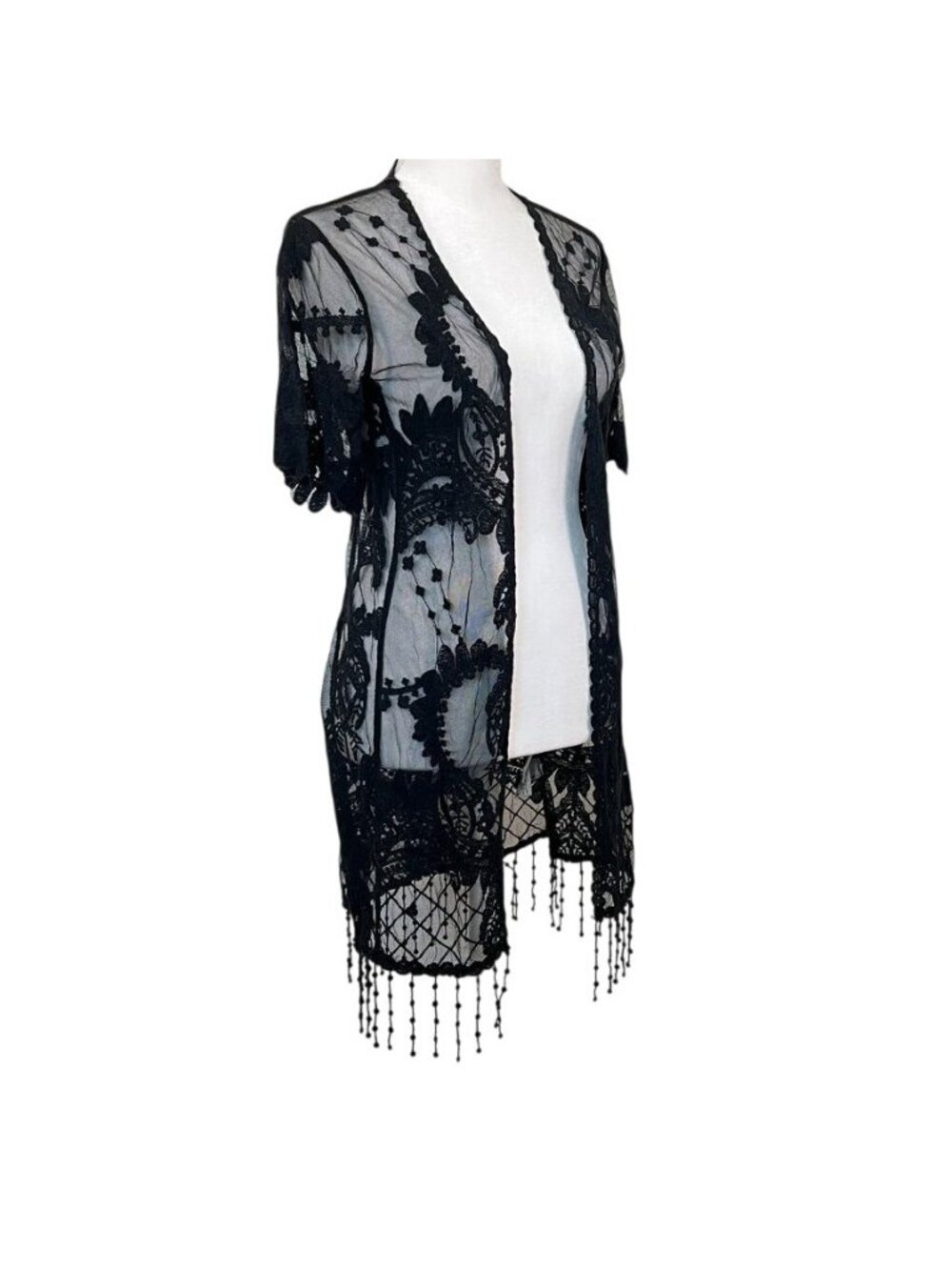 Witchy Black Mesh Lace Duster Cardigan Whimsigoth Festival Gothic Boho Fringe S - Picture 4 of 12